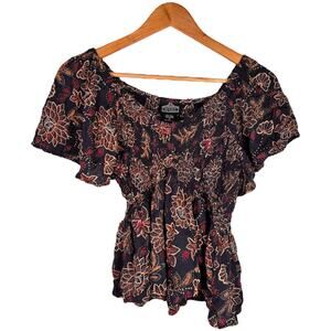 Angie Smocked Floral Blouse – Boho Puff Sleeve Peplum S